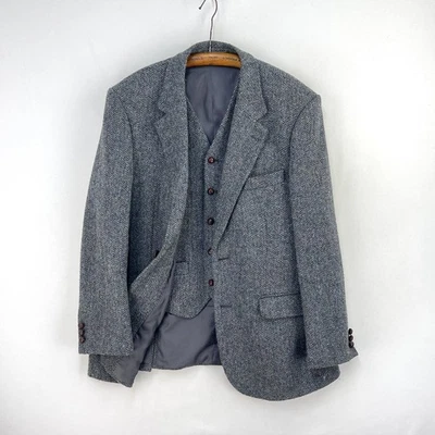 Harris Tweed Jacket & Waistcoat Mens 40R Blue Grey Barleycorn Wool Country Suit - Image 1 of 4