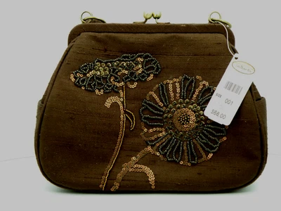 Bolso de mano vintage Talbots con cuentas de lentejuelas marrón floral broche de beso concha de seda con etiqueta Foto 1 de 4