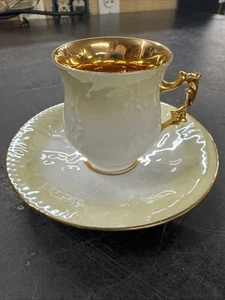 Demitasse Espresso Cup and Saucer Light Yellow Fading White Gold Handle, Trim - Picture 1 of 6