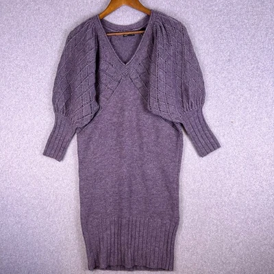 Vintage Moda International Sweater Dress XS Purple Wool V-Neck Puff Sleeve Y2K - Image 1 of 4