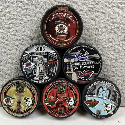 Vintage Lot of 6 Minnesota Wild NHL Hockey Pucks 2003 Playoffs Ducks Avs Canucks - Image 1 of 4