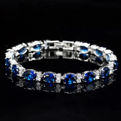 Women Fashion Tennis Chain Bracelet Blue Crystal Diamond Simplicity Bangles Gift - Image 1 of 4