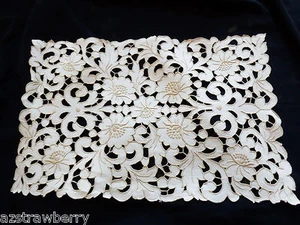 Hecho a mano Cru Bordado Recorte Trabajo Encaje Floral 18 x 11.25 Mantel de Mesa Lino - Imagen 1 de 6