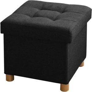 Folding Ottoman Storage Cube with Wood Legs, Linen Foot Stool, pouffe Footstool - Picture 1 of 8