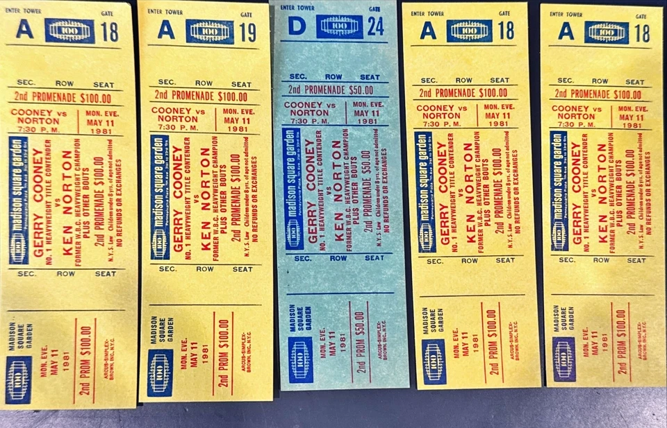 lot of 5 - 1981 GERRY COONEY VS. KEN NORTON FULL TICKETS 5/11/1981. - A575 - Image 1 of 1
