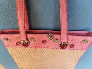 Pink faux Leather Straw Handbag 3D Silver / Enamel/Rhinestone hearts flowers NEW - Picture 1 of 5