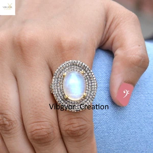 Pave Diamond Moonstone Ring Gemstone Jewelry Gold Plated 925 Silver Ring For Her - Picture 1 of 4