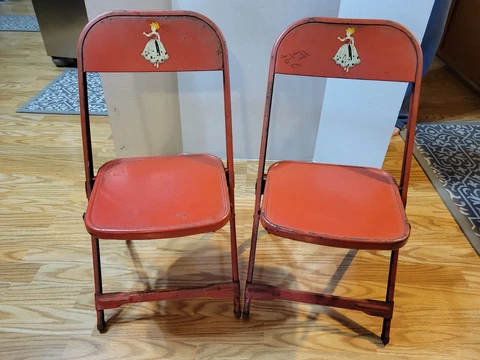 Pair of Vintage Pressed Metal Children's Childs Kids Folding Chairs Red Princess Cover