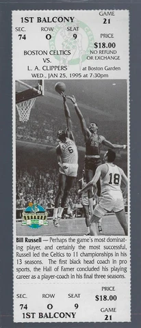 BILL RUSSELL FINAL YEAR BOSTON GARDEN VINTAGE 1995 NBA CELTICS FULL TICKET Jan25 Cover