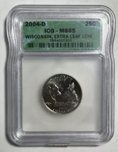 2004 D Extra Low Leaf Wisconsin State Quarter 25C ICG MS 65 - Picture 1 of 8