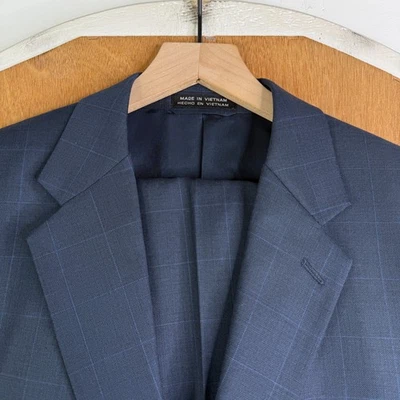 Stafford Suit Mens 42S Navy Blue Windowpane 2 Button 100% Wool Pants 40x26 - Image 1 of 4