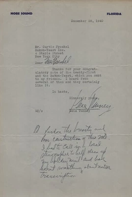 GENE TUNNEY - TYPED LETTER SIGNED 12/28/1940 - Image 1 of 2