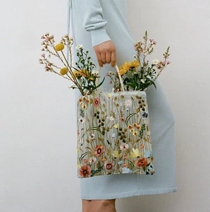 ZARA ORGANZA NETZ TÜLL BLUMENSTICKEREI BUCH BEUTELTASCHE BESTICKT SHOPPER NEU - Bild 1 von 23