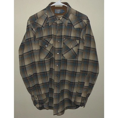 Pendleton High Grade Western Wear Men's Med Tall Snap Shirt Gray Plaid Wool USA - Image 1 of 3