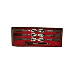 Vintage Burnco Stainless Steel Grapefruit Spoon Set 6pc Serrated Wood Handle - Picture 1 of 7