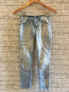 JUSTICE GIRLS DENIM JEANS 10 REGULAR FLORAL WHITE ROSES BLING FADED WHITE WASH - Picture 1 of 2