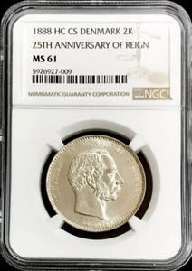 1888 CS SILVER DENMARK 2 KRONER CHRISTIAN IX SILVER JUBILEE NGC MINT STATE 61 - Picture 1 of 2