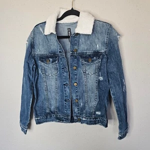 Sherpa Collar Denim Jean Jacket Mens XS Blue Bomber Casual Western  - Picture 1 of 13