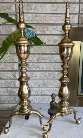 Pair American Urn brass & cast iron Andirons 27” steeple spur legs ball feet Cover
