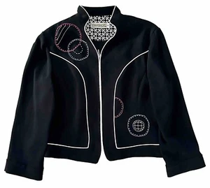 Canvasbacks Vintage Damen Blazer schwarz Gr. 10 Reißverschluss weiß Paspel bestickt Kreise - Bild 1 von 11