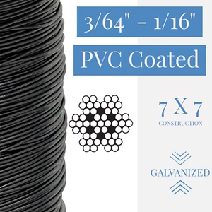 3/64" to 1/16" PVC Coated Black Color Galvanized Cable 7x7 Strand Aircraft Cable - Picture 1 of 2