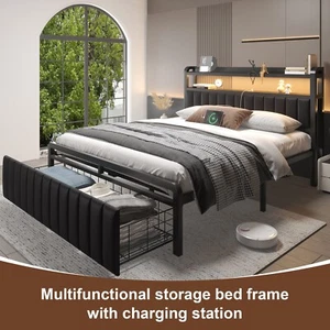 Metal Platform Full Bed Frame with Storage LED Lights Headboard&Charging Station - Picture 1 of 10