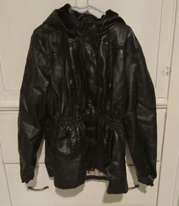 Cavalini Women 2X Black Hooded Faux Leather Jacket Bomber Biker Jacket - Picture 1 of 11