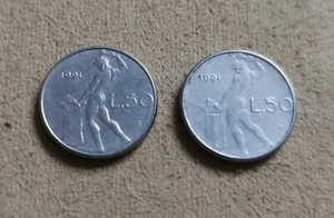 ITALIA REPUBBLICA LOTTO 2 MONETE DA 50 LIRE PICCOLE ANNO 1991 USATE CIRCOLATE - Imagen 1 de 8