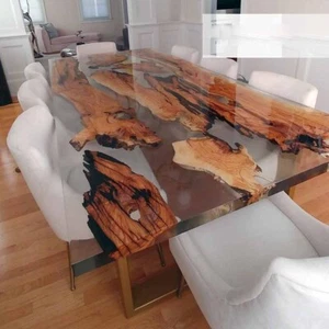Clear Epoxy Dining Table Top, Live Edge Epoxy Wooden Dining Table Top, Home Deco - Picture 1 of 4
