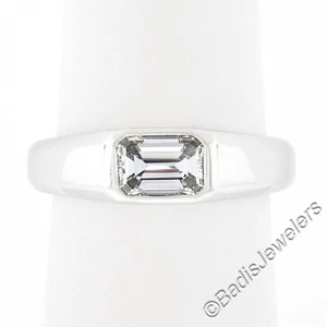 Platinum 0.87ct GIA Emerald Cut Sideways Bezel Set Diamond Solitaire Band Ring - Picture 1 of 10
