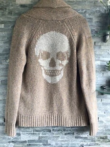 Skull Cashmere Brand Beige Grey Marl Chunky Cardigan Skull Motif S 10 12 Reduced - Picture 1 of 10