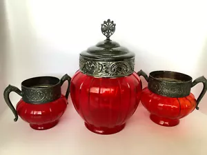 Antique PIGEON BLOOD RED BISCUIT Cookie Jar Set 3 Pieces sold together - Picture 1 of 10
