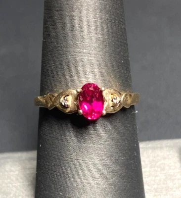 YELLOW GOLD LAB-CREATED RUBY AND DIAMOND RING SIZE 6.75 - Image 1 of 4