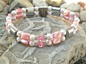 Silver Pink Magnetic Hematite Bracelet Anklet w Rose Swarovski USA Handmade