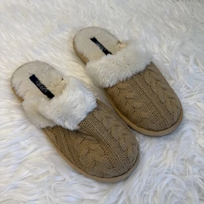 Women’s Fur Lined Tan Slippers Chaps Ralph Lauren Cozy Winter Loungewear - Image 1 of 4