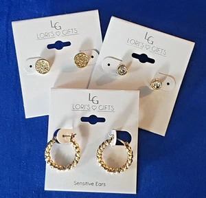 Lot of 3 pair Gold tone Earrings by Lori's Gifts For Sensitive Ears NWT #5 - Picture 1 of 7