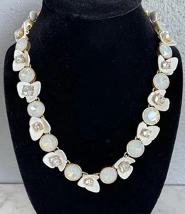 J. Crew Gold Tone Floral White Enamel Opalescent Brûlée Clear Crystal Necklace - Picture 1 of 16