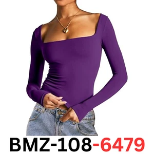 Dwnval Women's Sexy Long Sleeve Crop Square Neck Double Lined Slim Fit T-Shirt M - Picture 1 of 5