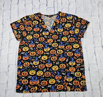 Cassandra O WOMENS L Scrub Top Halloween Jack O Lanterns Pumpkins Black Orange  - Image 1 of 4