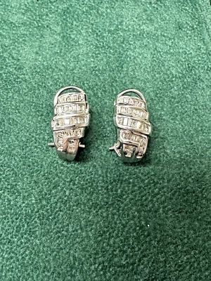 Estate 10k White Gold Diamond Huggie Style Earrings with Omega Backs - Image 1 of 4