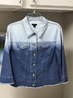 NEW DIRECTIONS Jean Jacket SMALL Womens 2tone Blue Denim 3/4 BELL Sleeves Fringe
