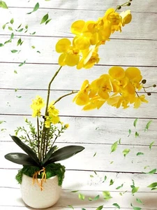 Large artificial Yellow Orchid Flowers Arrangement in Ceramic decorated Vase - Picture 1 of 12