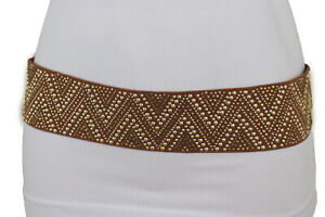 Women Brown Elastic Fabric Band Fashion Belt Gold Studs Hip High Waist Size S M