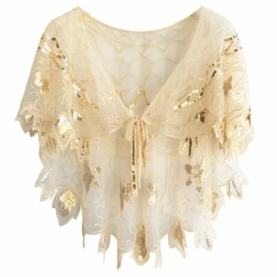 Women Sequin Mesh Shawl Beads Wrap Cape Sheer Glitter Prom Banquet Retro Elegant - Image 1 of 4