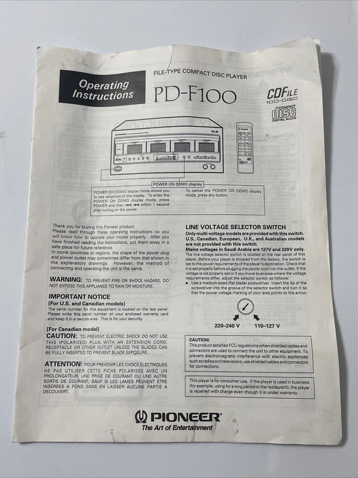 Manual de instrucciones para reproductor de discos Pioneer PD-F100 R1 Foto 1 de 4