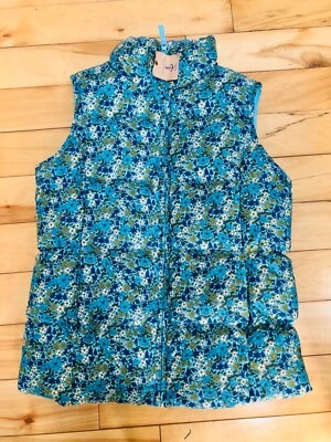 NEW Lands' End Puffer Vest Blue Floral Zip Up Down Feathers Puffy Kids Sz 14 - Image 1 of 4
