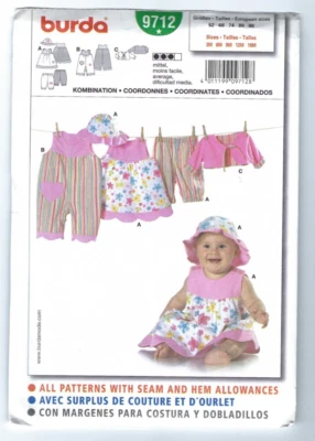 New Burda 9712 Infant Dress Pants Rompers Top Hat Pattern 3 6 9 12 18 Months FF - Image 1 of 2