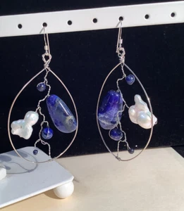 UNIQUE WIRE WRAPPED SODALITEAND PEARL EARRINGS STERLING SILVER - Picture 1 of 3