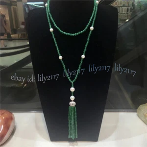 Natural Green Jade Round Gemstone Beads Tassel Pendant Necklace Long 35 inches - Picture 1 of 6