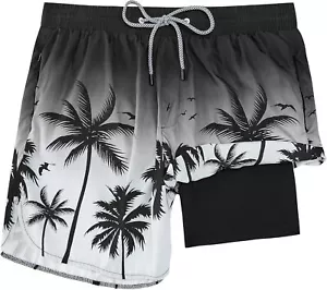 Mens Swim Trunks with Compression Liner Board Shorts Quick Dry Zipper Pockets - Picture 1 of 47
